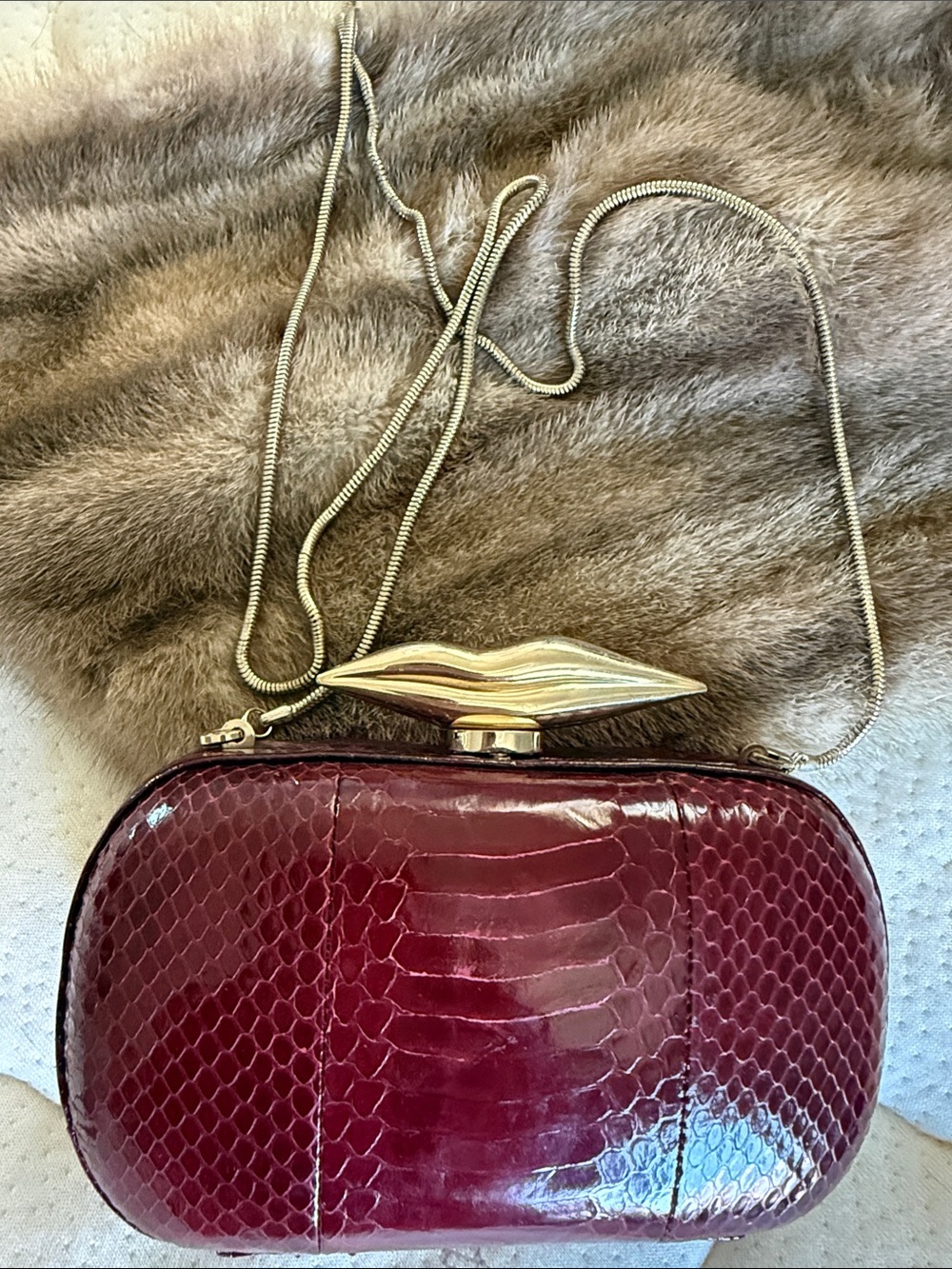 DVF Burgundy Python-Embossed Evening Clutch with Lip Detail